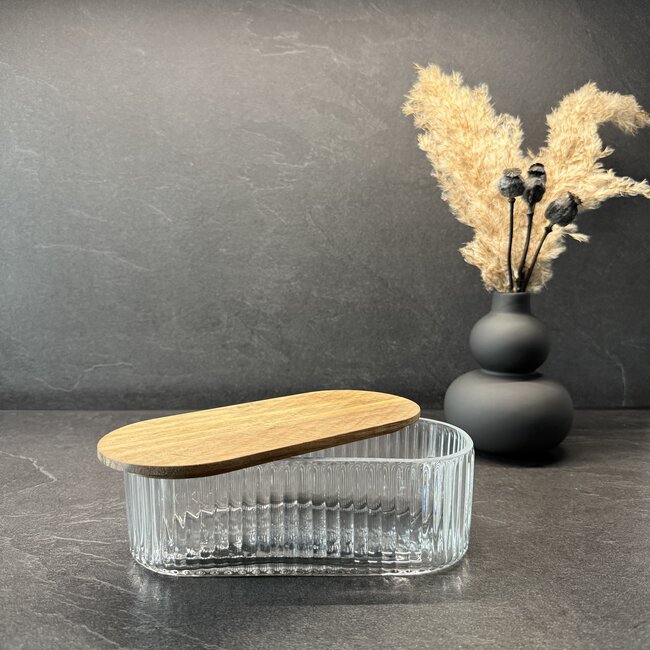 Ripple glazen bewaardoos met acacia houten deksel - ovaal - S