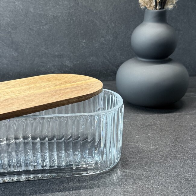 Ripple glazen bewaardoos met acacia houten deksel - ovaal - S