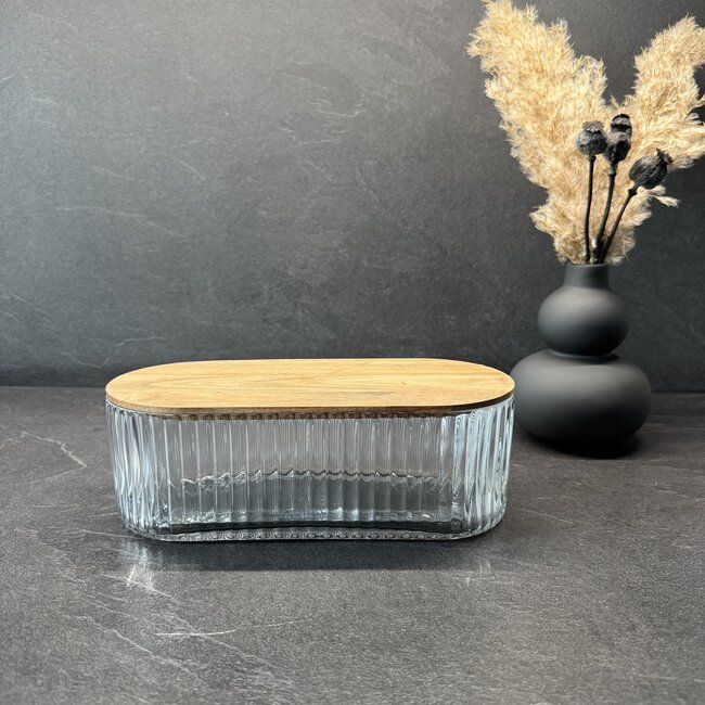Ripple glazen bewaardoos met acacia houten deksel - ovaal - M