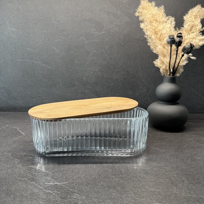 Ripple glazen bewaardoos met acacia houten deksel - ovaal - M