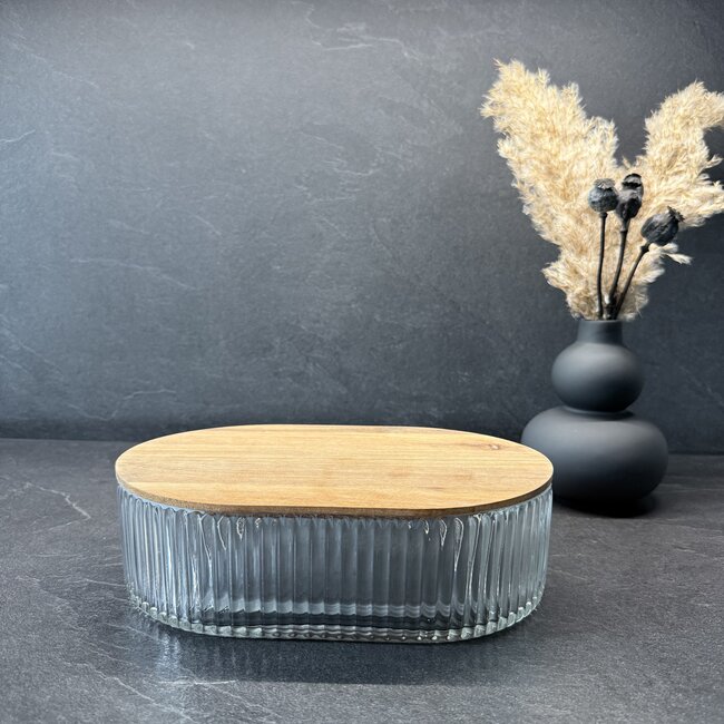 Ripple glazen bewaardoos met acacia houten deksel - ovaal breed