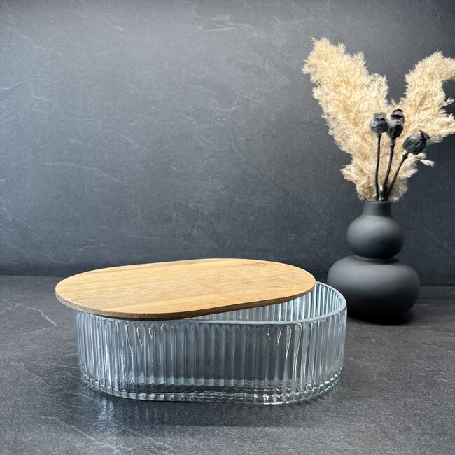 Bavary  Ripple glass storage box with acacia wooden lid - oval wide