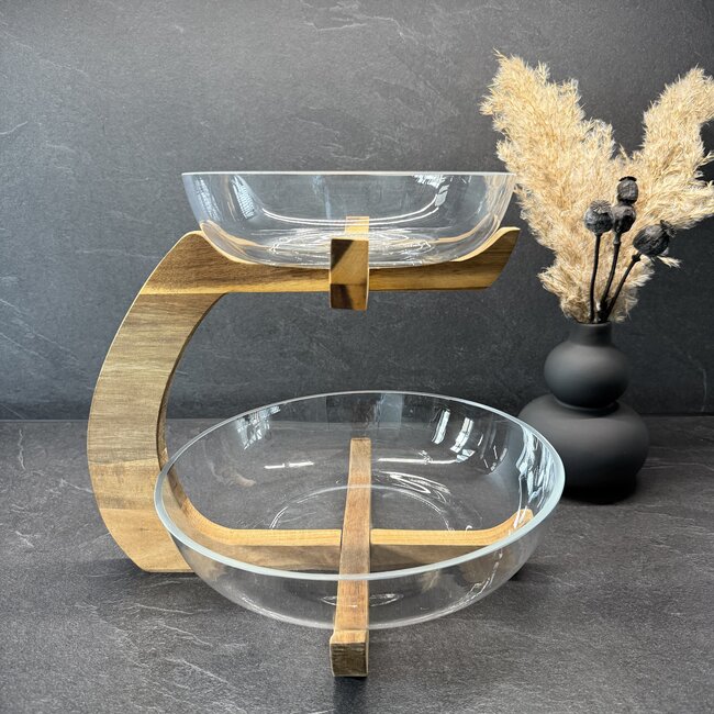 Glass serving dish 2-layer with acacia wooden holder