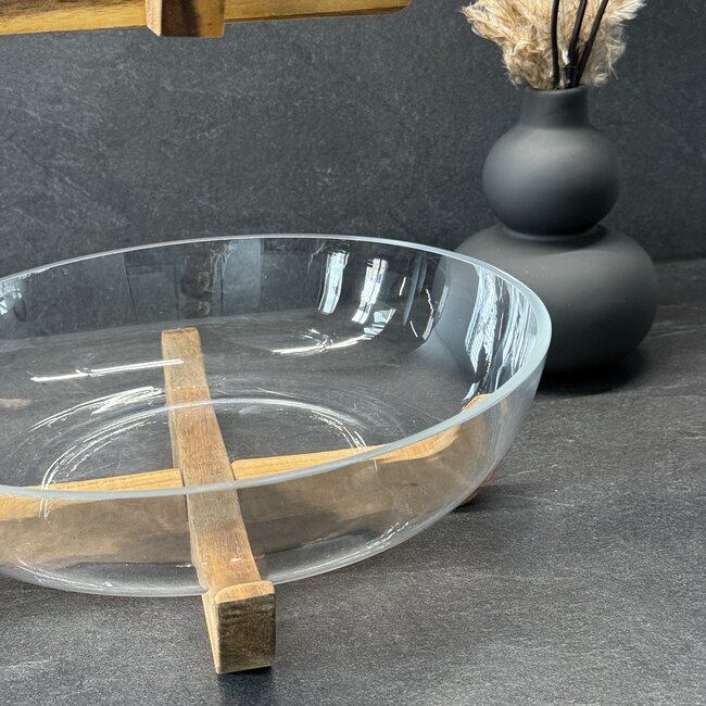 Glazen serveerschaal 2-laags met acacia houten houder