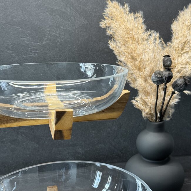 Glass serving dish 2-layer with acacia wooden holder