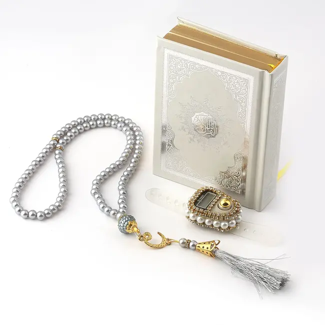Mirac Koran set met een parel Tasbih en een Digitale tasbih teller grijs