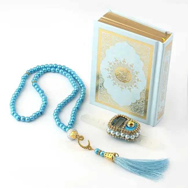 Mirac Quran set with a pearl Tasbih and a Digital Tasbih counter blue