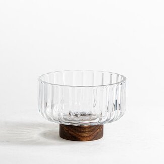 Bavary  Wave glazen schaal met acacia houten onderkant - S
