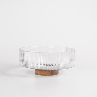 Ripple glazen schaal met acacia houten onderkant - L