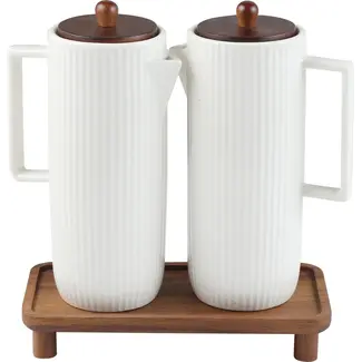 Linens porseleinen Olie & Azijnset met Acacia Stand