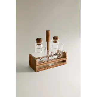 Mirac 5-delige borosilicaat glazen olieflessen + zout & peperstel met acacia houten houder