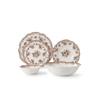 Mirac Vintage 25-piece dinnerware set with floral design Mocha Brown