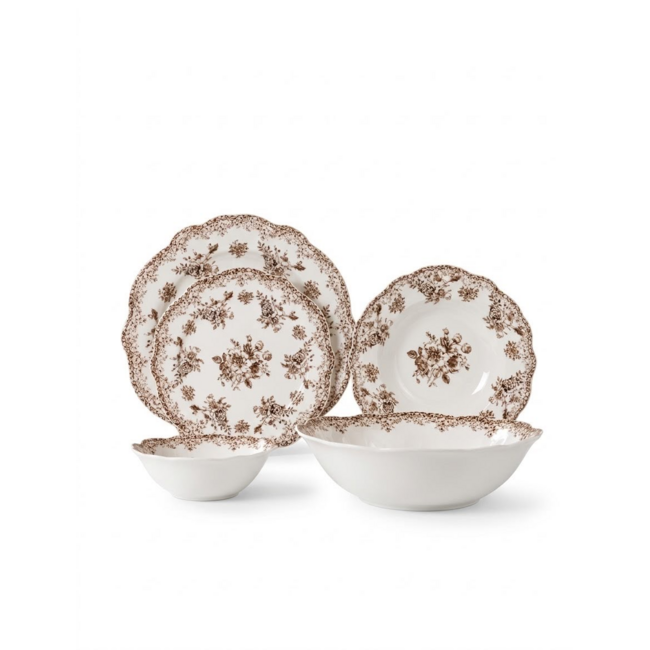 Mirac Vintage 25-piece dinnerware set with floral design Mocha Brown
