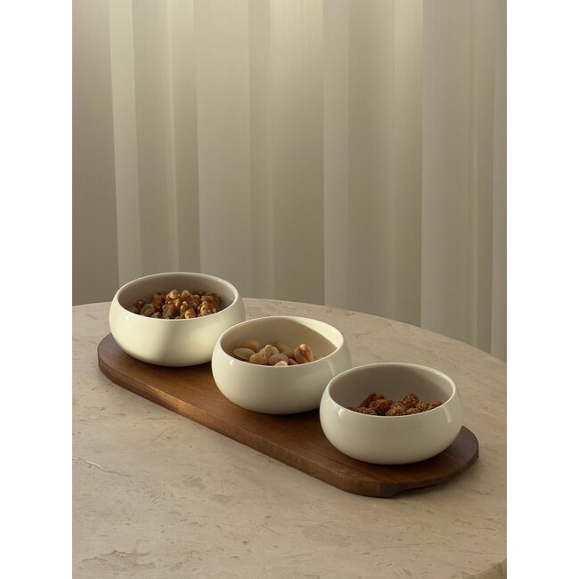 Mirac Porcelain Belicia snack bowls with acacia tray