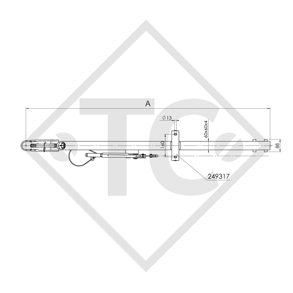 Drawbar type K4 vers. A2 square tube cranked up to 750kg with parking brake