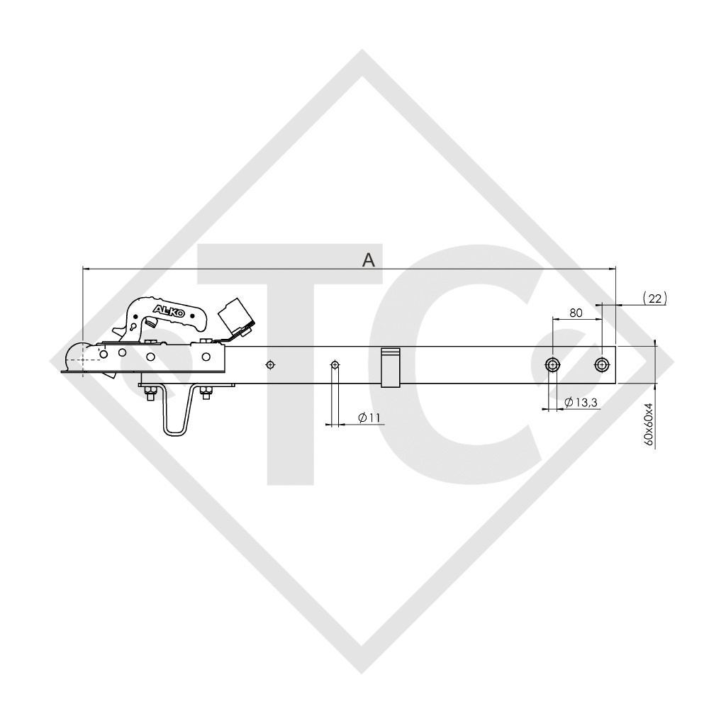 Zugdeichsel Typ R4 Ausf. A3 vierkant gerade bis 750kg