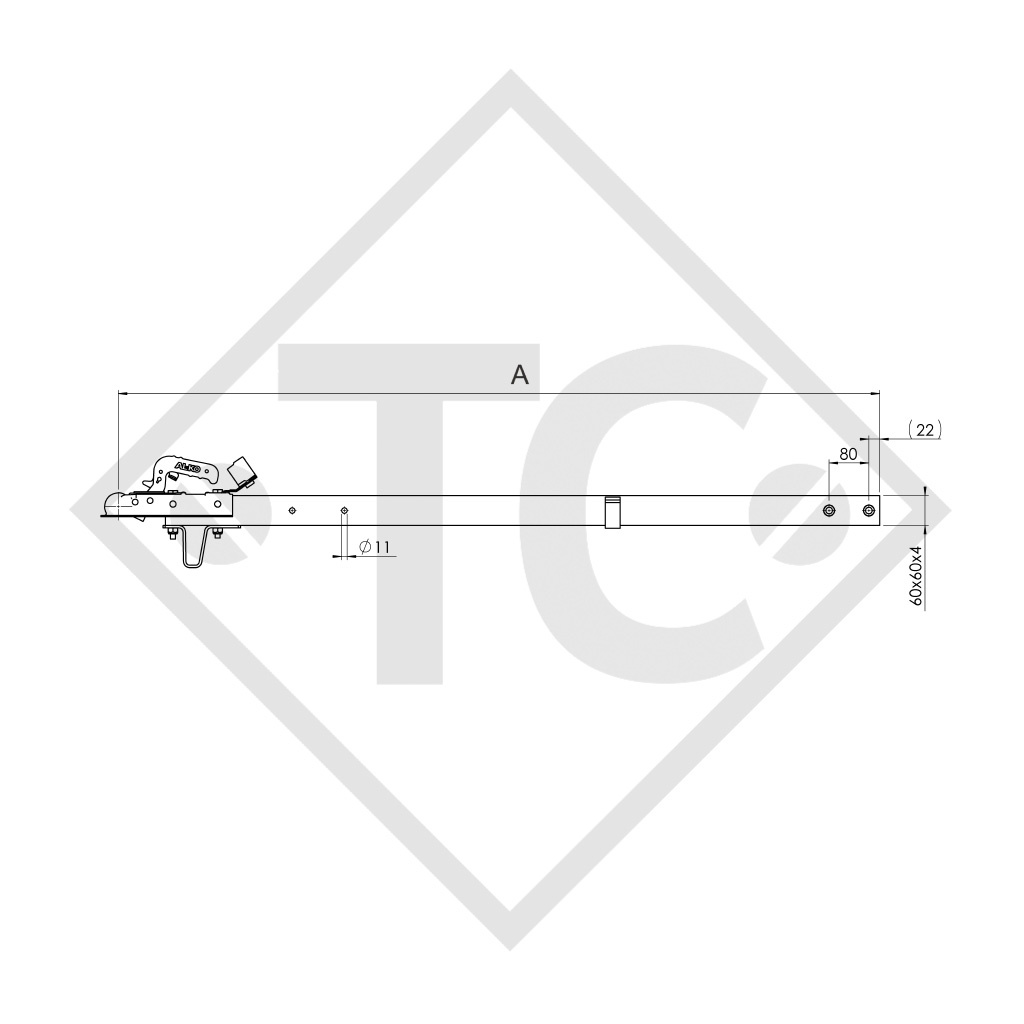 Zugdeichsel Typ R4 Ausf. A3 vierkant gerade bis 750kg für Hutprofil 90mm