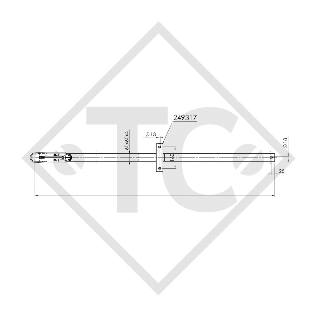 Drawbar type K4 vers. A2 square tube cranked up to 750kg with clamping mount 249317