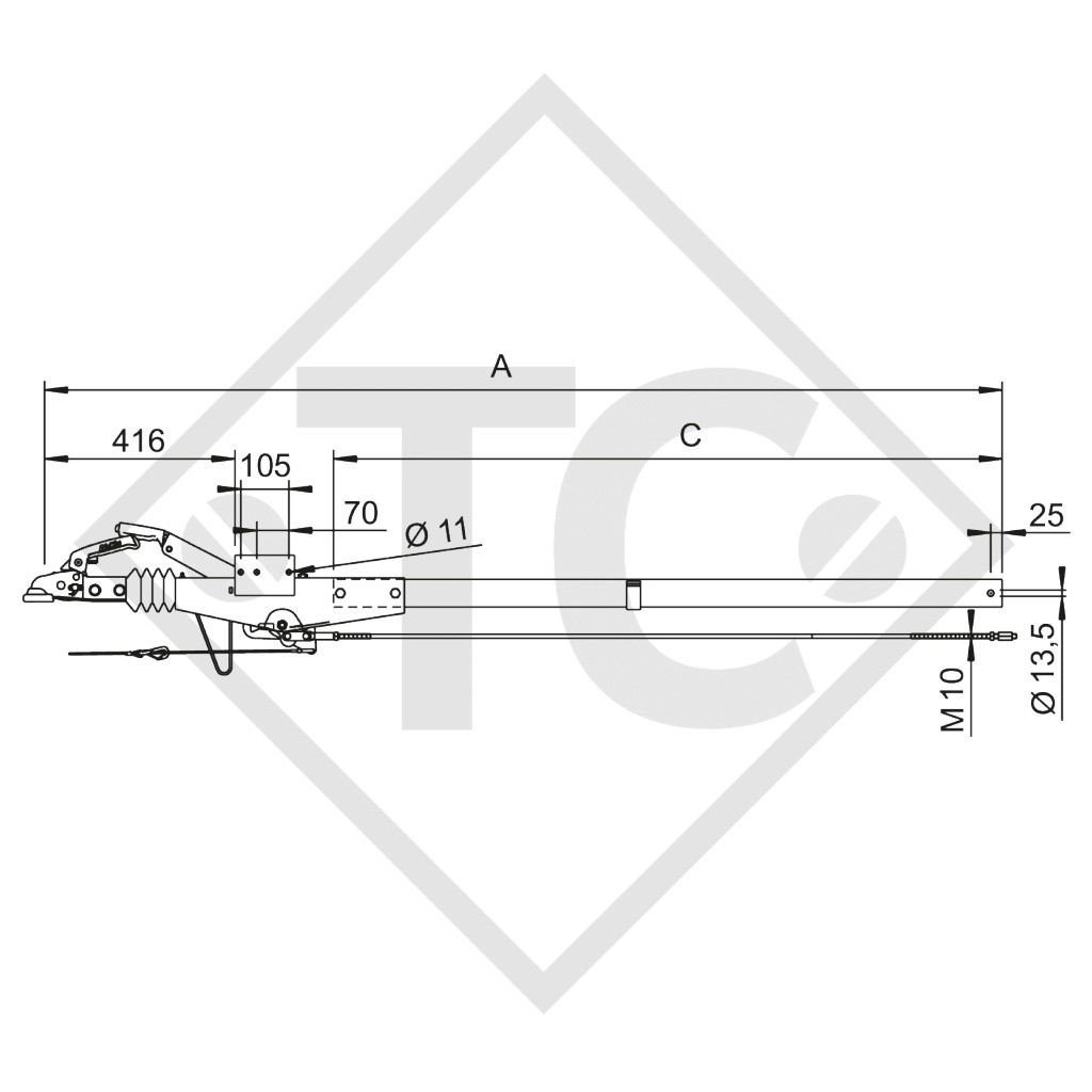 Timon droit carré freiné type 60 S/2 - R4 version B3 PTAC de 450 à 750kg