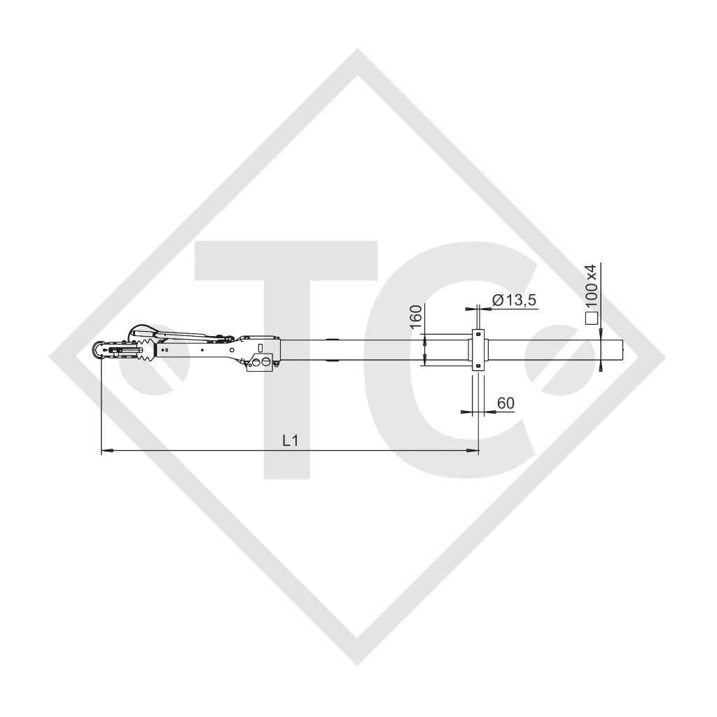 Timon coude carré freiné type Typ 161 S - K26 version A, PTAC de 950 à 1600kg