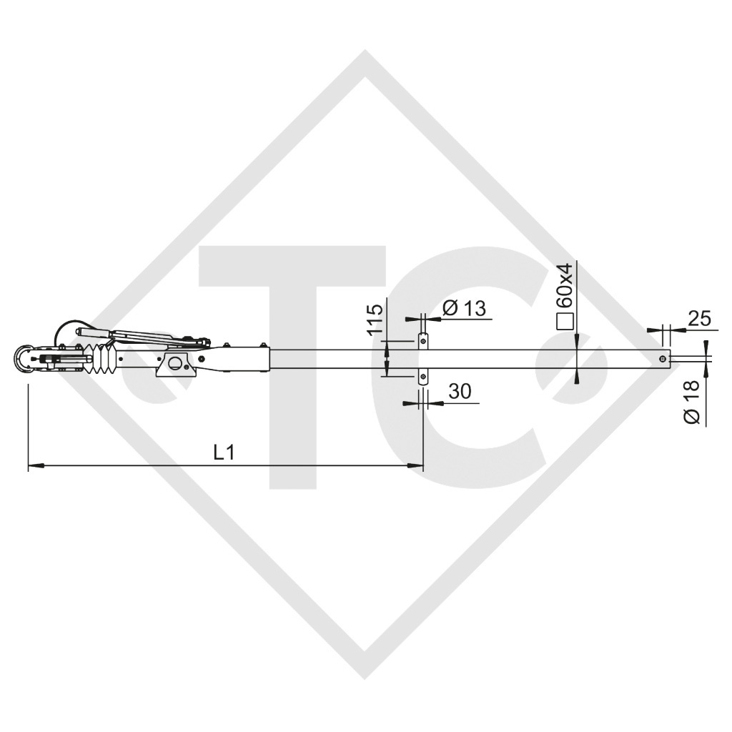 Timon droit carré freiné type 90 S/3 - R4 version B3, PTAC de 700 à 1000kg