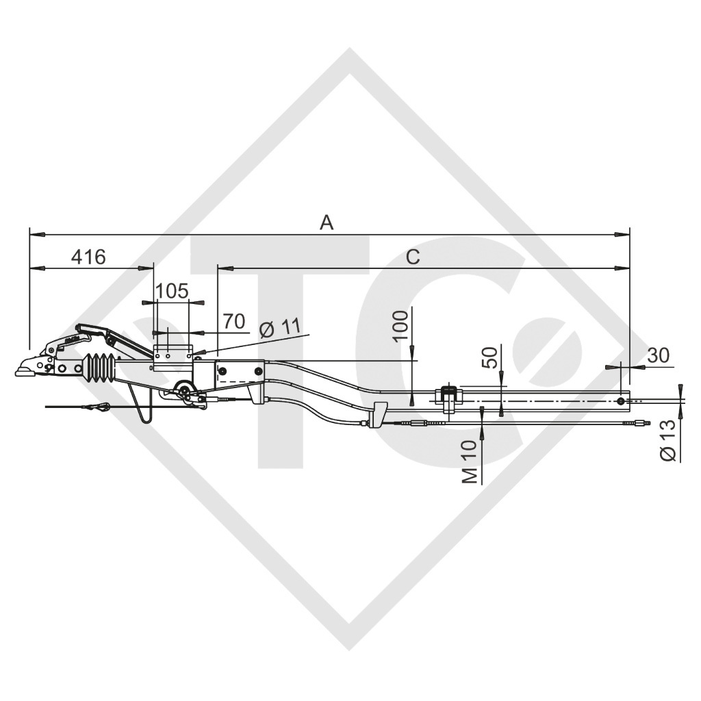 Square overrun device type 90 S/3 - K10 vers. A1 with drawbar section cranked 700 to 1000kg