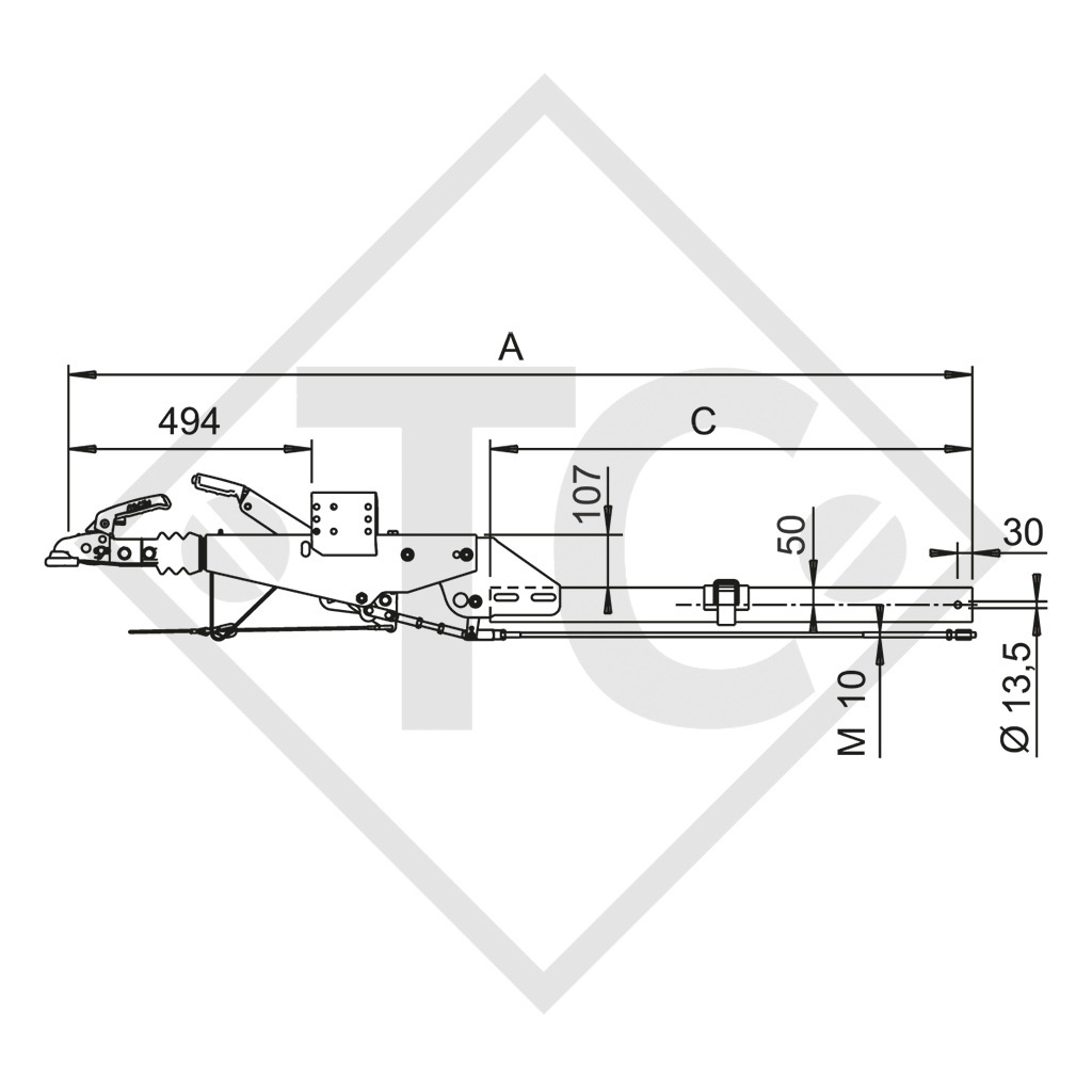 Auflaufeinrichtung vierkant Typ 161 S/B - K16 mit Deichselprofil gekröpft 700 bis 1350kg