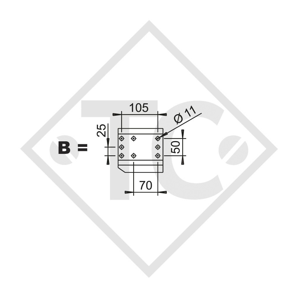 Square overrun device type 161 S/B - K16 with drawbar section cranked 700 to 1350kg