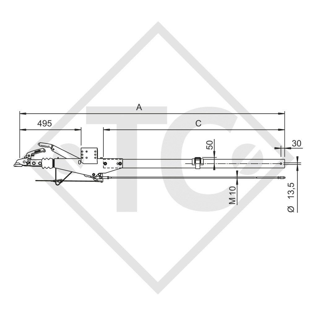 Square overrun device type 161 S - R16 vers. A with drawbar section straight 950 to 1600kg