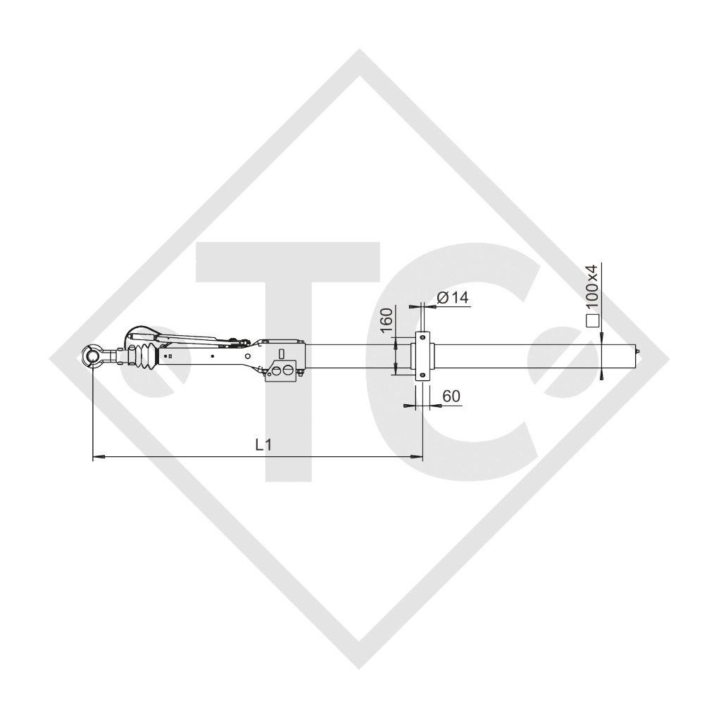 Enganche de inercia cuadrado modelo 161 S - R26 vers. A con lanza recta 950 a 1600kg