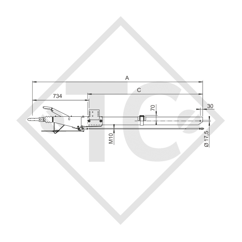 Square overrun device type 161 S - R26 vers. A with drawbar section straight 950 to 1600kg