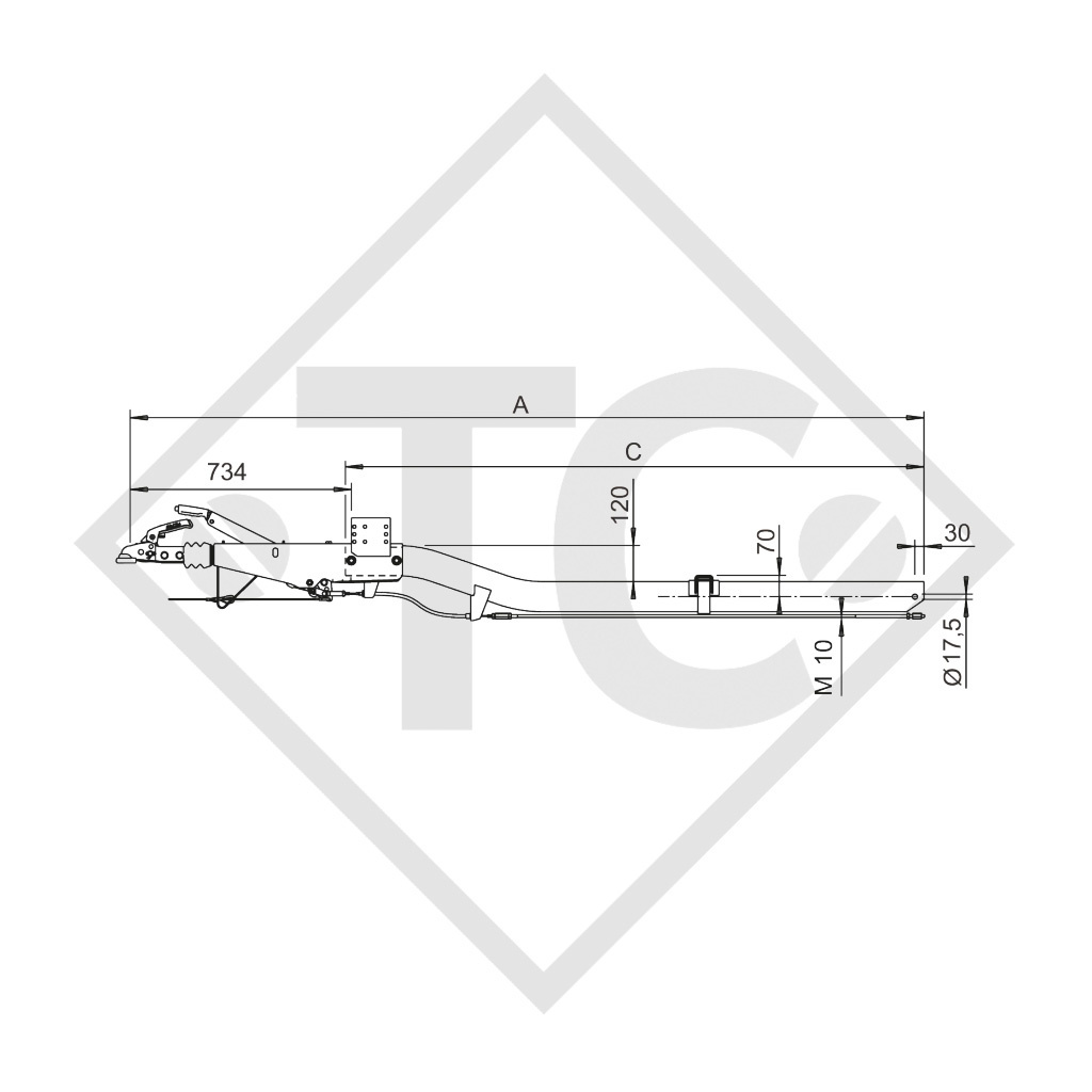 Square overrun device type 161 S - K26 vers. A with drawbar section cranked 950 to 1600kg