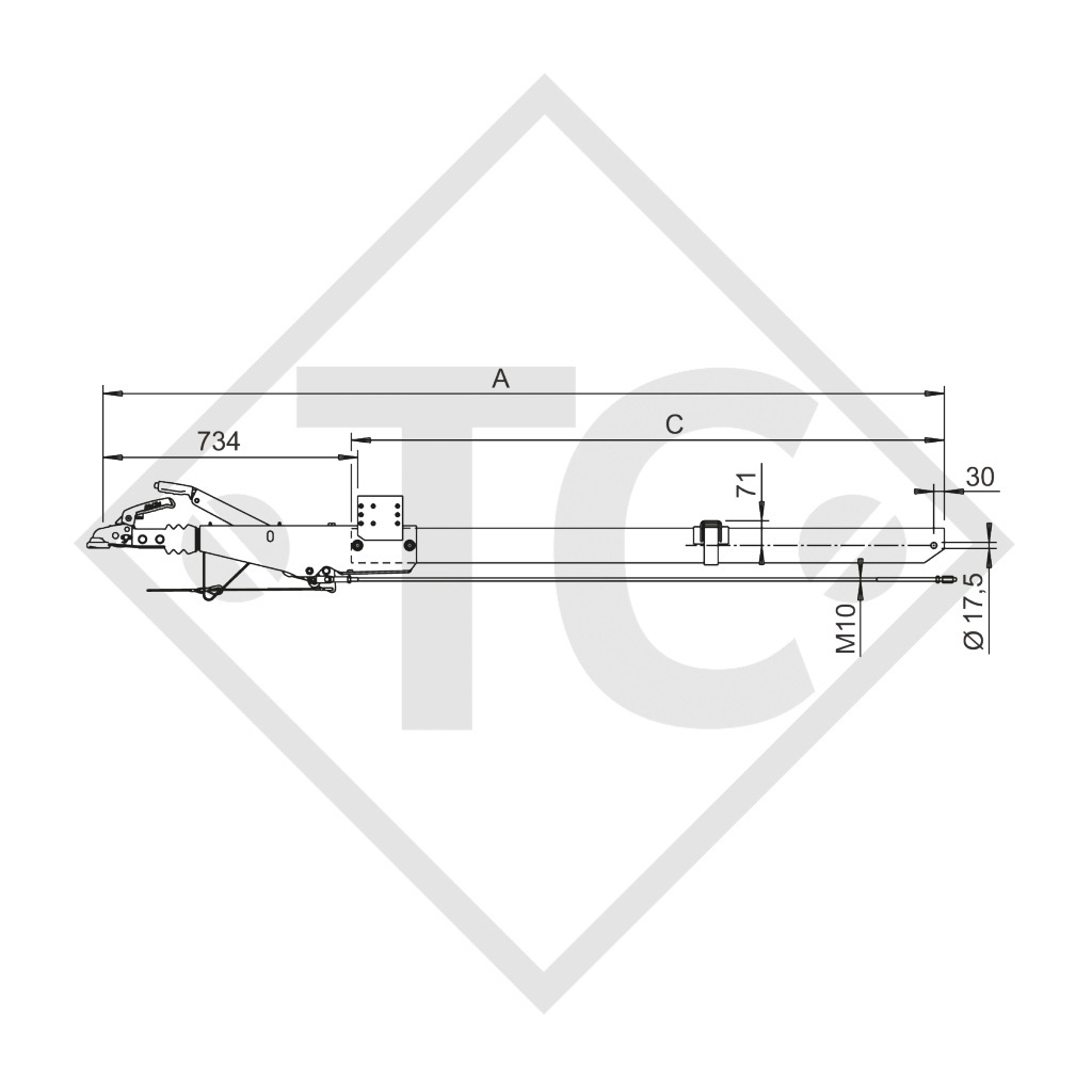 Square overrun device type 251 S - R26 vers. A with drawbar section straight 1500 to 2600kg