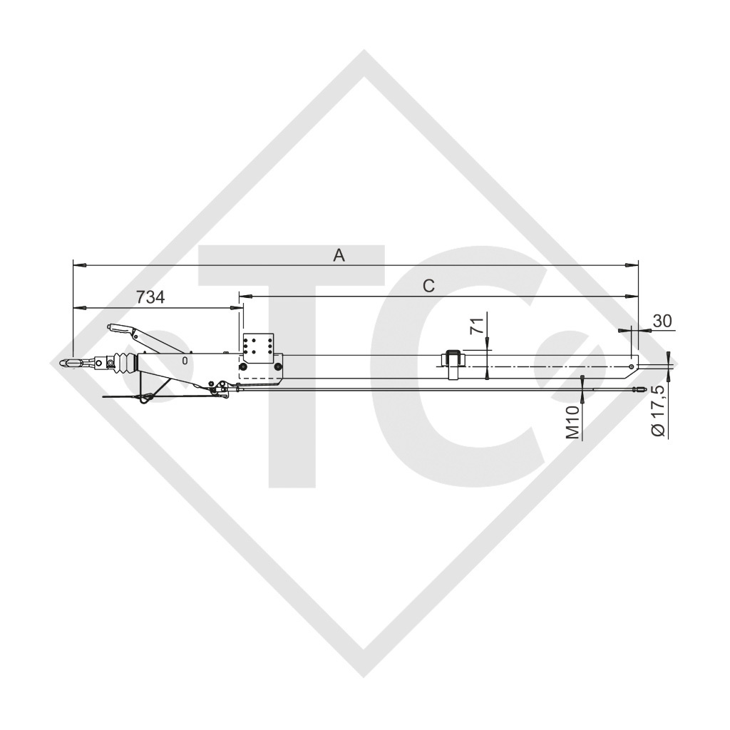 Square overrun device type 251 S - R26 vers. A with drawbar section straight 1500 to 2600kg