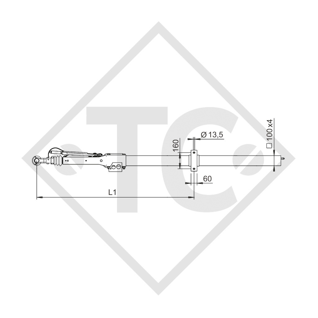 Square overrun device type 251 S - R26 vers. A with drawbar section straight 1500 to 2600kg