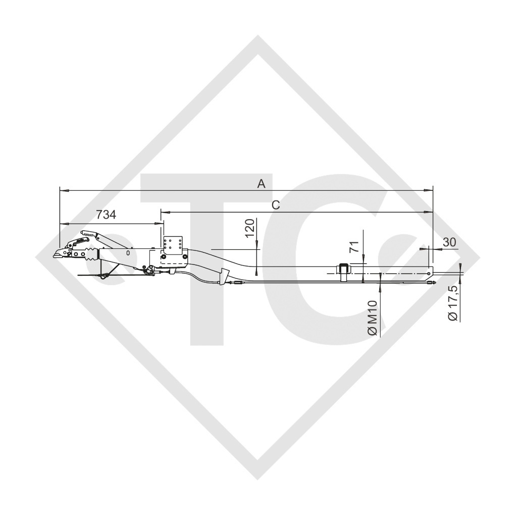 Timon coude carré freiné type Typ 251 S - K26 version B, PTAC de 1500 à 2600kg