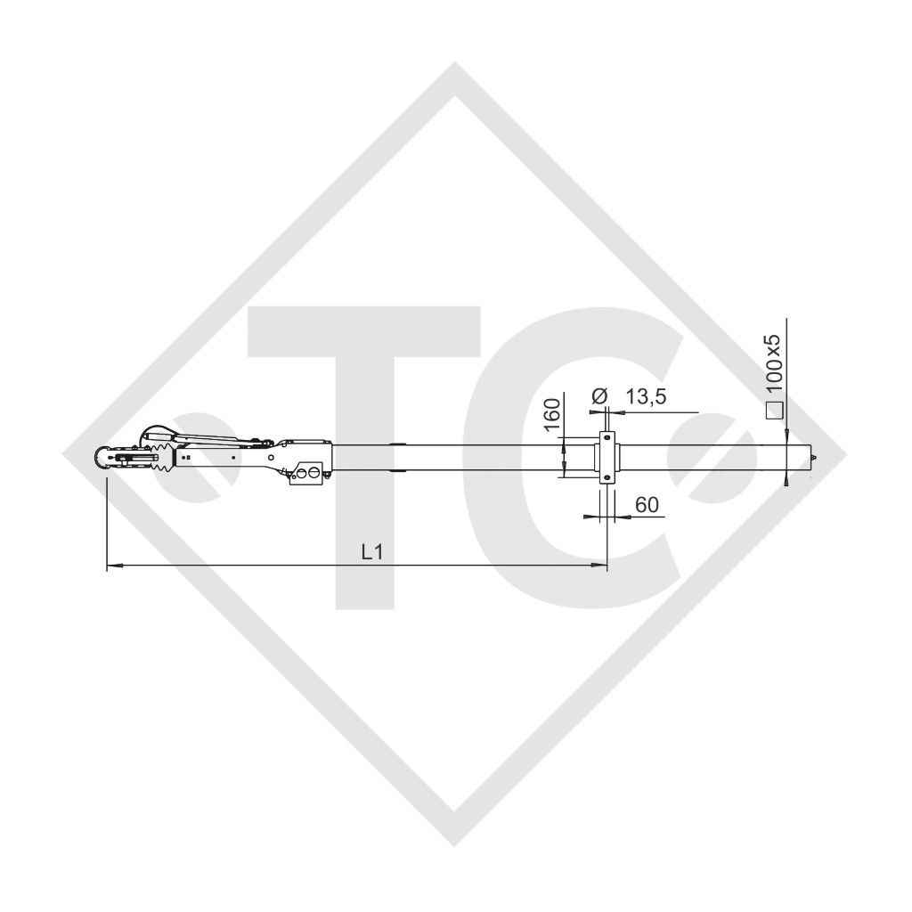 Square overrun device type 251 S - K26 vers. B with drawbar section cranked 1500 to 2600kg