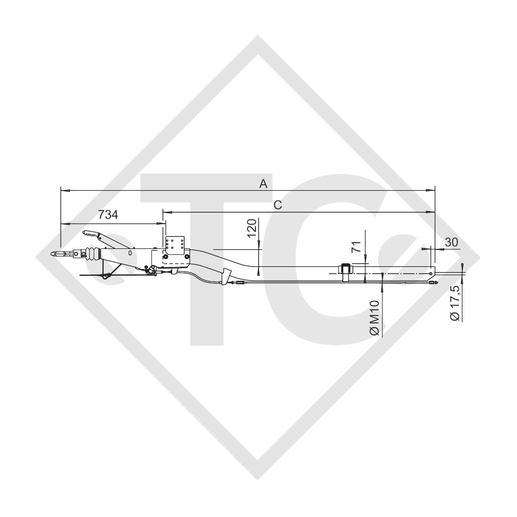 Square overrun device type 251 S - K26 vers. B with drawbar section cranked 1500 to 2600kg