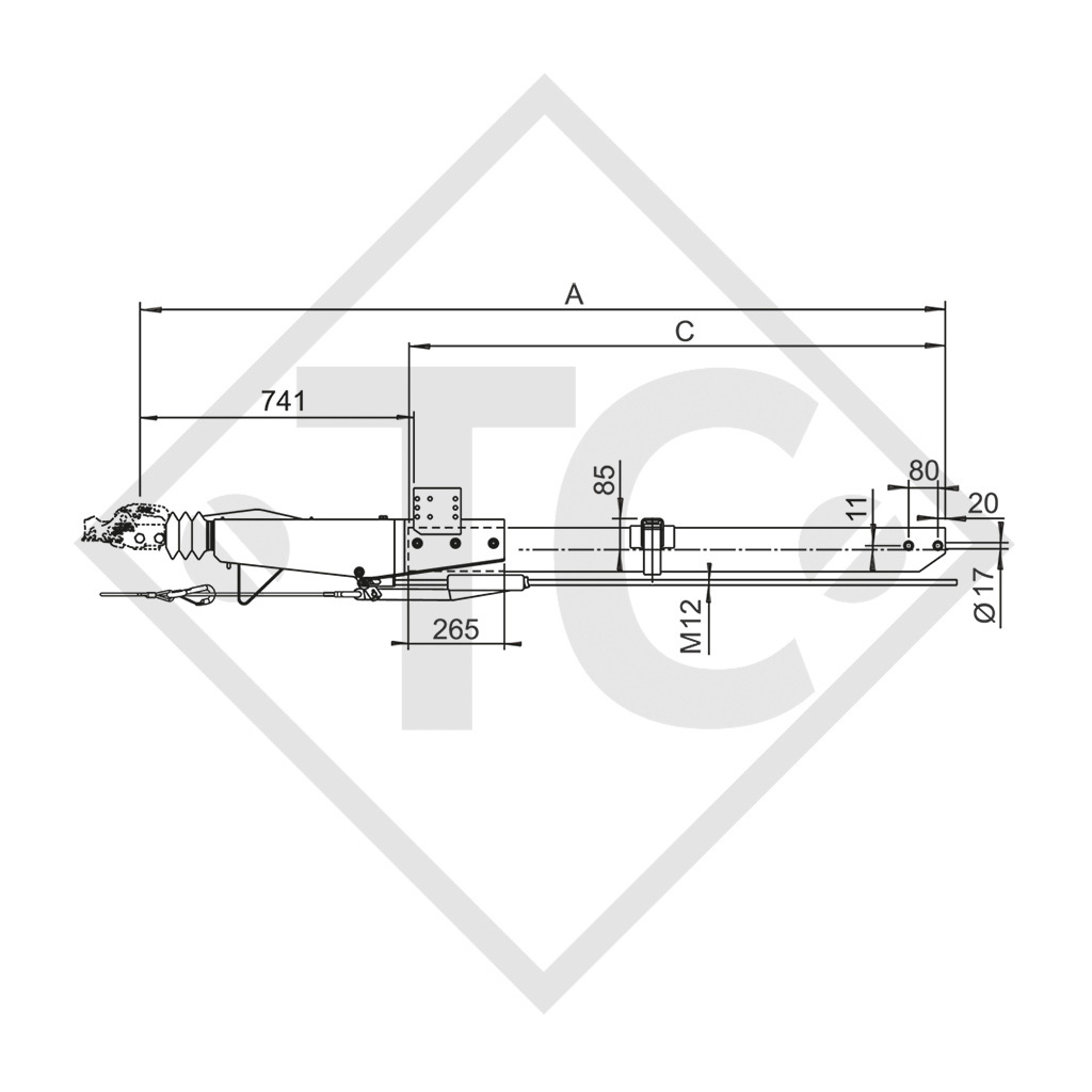 Timon droit carré freiné type 2,8 VB/1-C - R35 version B, PTAC de 2500 à 3500kg 10Stk