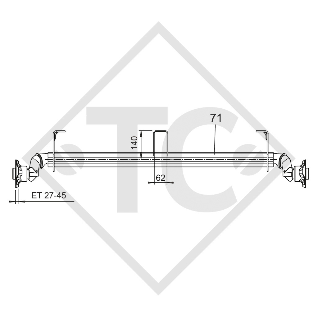 Unbraked axle 750kg BASIC axle type 700-5 with shackle and high axle bracket