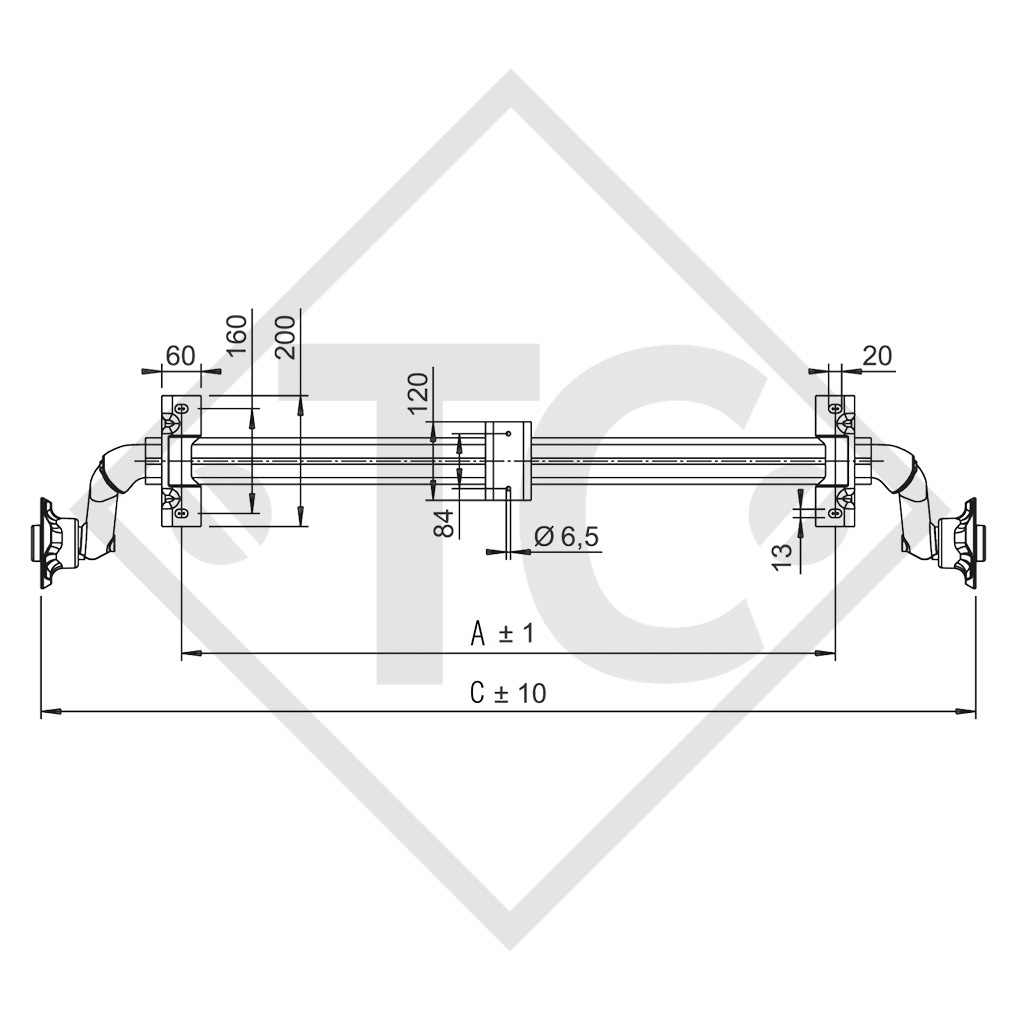 Eje sin freno 750kg BASIC tipo de eje 700-5 con soporte intermedio aumentado