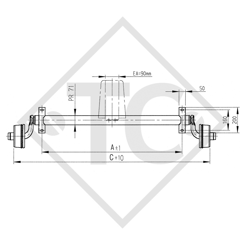 Achse gebremst 750kg BASIC Achstyp B 700-5 mit Hutprofil 90mm