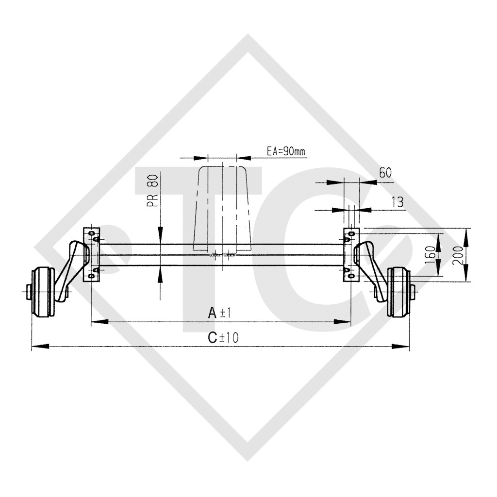 Braked tandem front axle 900kg BASIC axle type B 850-5 with top hat profile 90mm