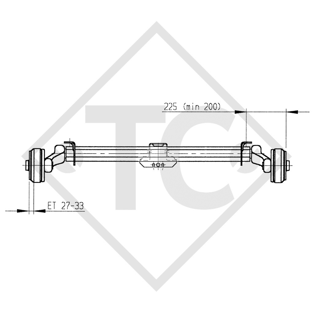 Braked tandem front axle 900kg BASIC axle type B 850-5 with top hat profile 90mm