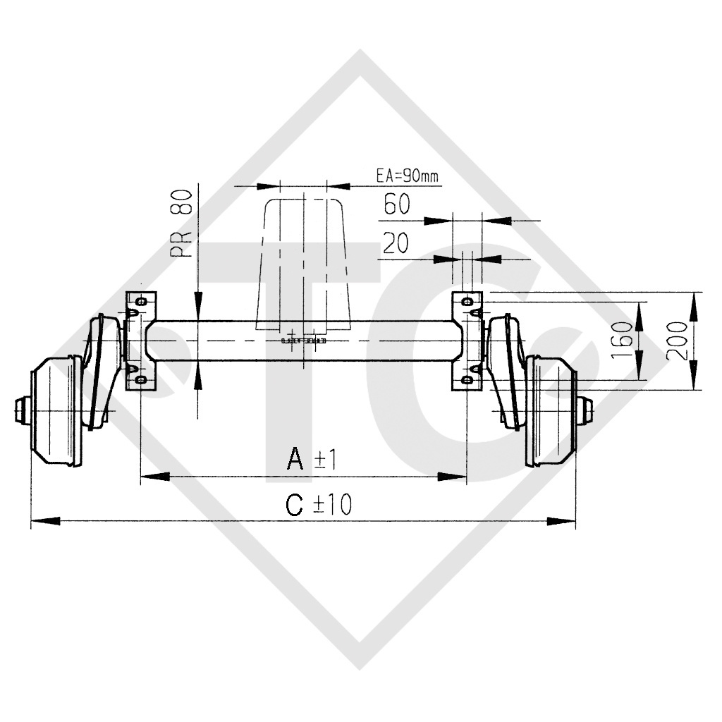 Essieu avant tandem BASIC 1000kg freiné type d'essieu B 850-10 avec liaison 90mm et AAA (réglage automatique des garnitures de frein)