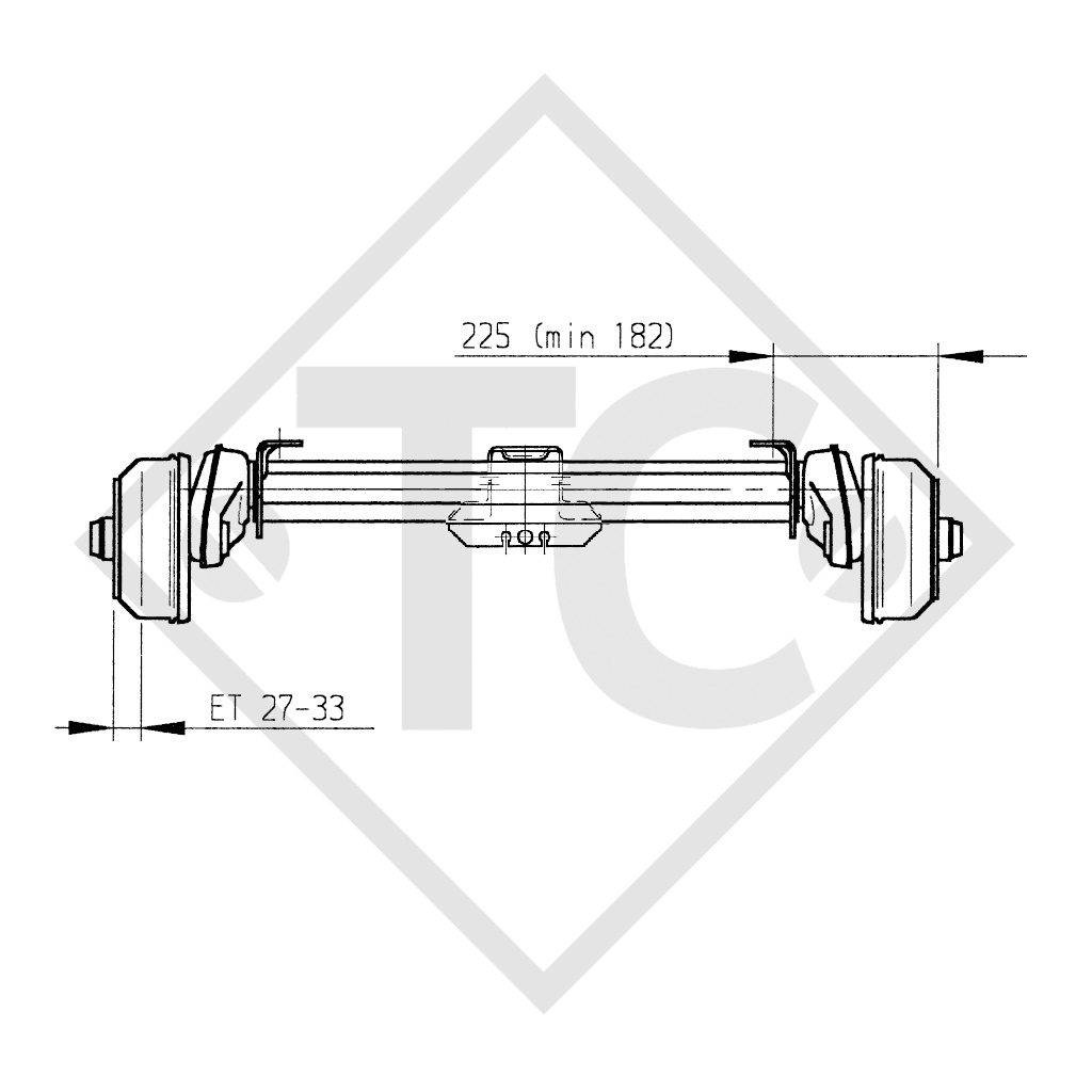 Braked tandem front axle 1000kg BASIC axle type B 850-10 with top hat profile 90mm and AAA (automatic adjustment of the brake pads)