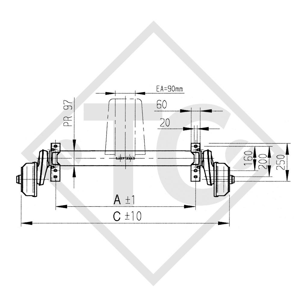 Braked tandem front axle 1350kg BASIC axle type B 1200-6 with top hat profile 90mm and AAA (automatic adjustment of the brake pads)