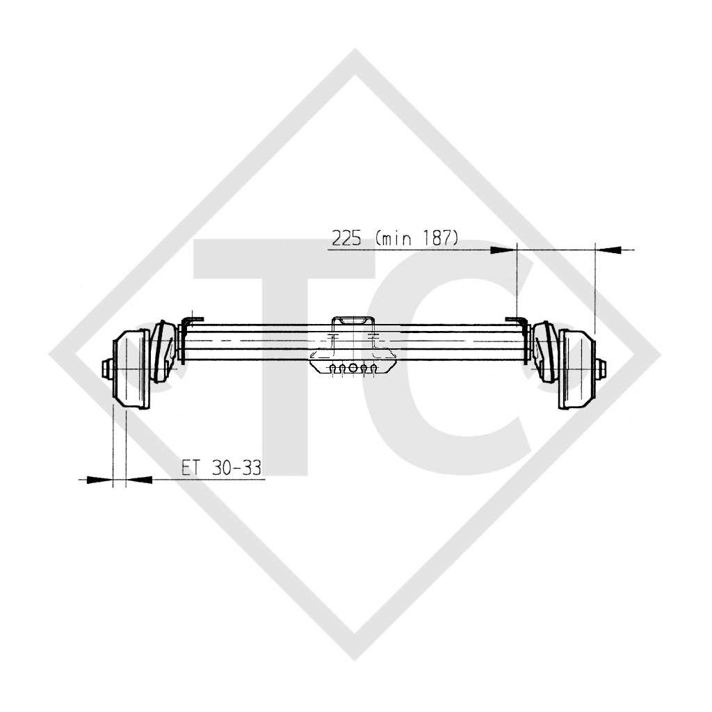 Braked tandem front axle 1350kg BASIC axle type B 1200-6 with top hat profile 90mm und Unterzug