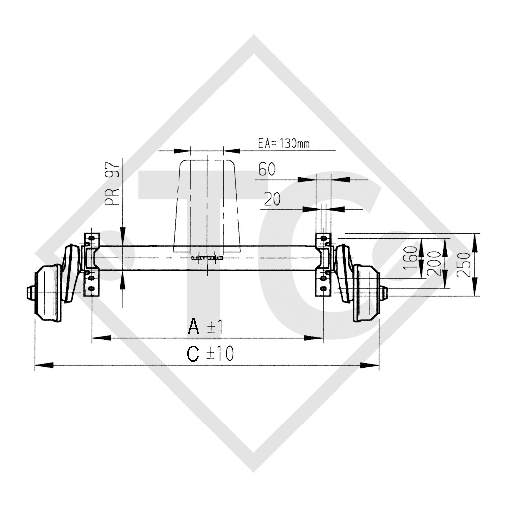 Tandem Vorderachse gebremst 1350kg BASIC Achstyp B 1200-6 mit Hutprofil 130mm und AAA (Automatische Nachstellung der Bremsbeläge)