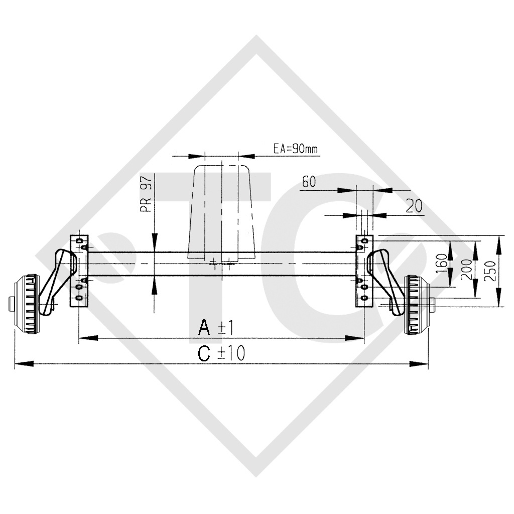 Braked tandem front axle 1350kg PLUS axle type B 1200-5 with top hat profile 90mm